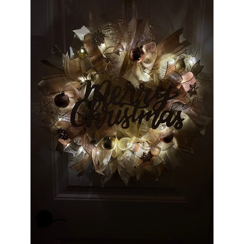 Christmas Snowflake Holiday Ribbon Door Wreath Handmade 22 ins LED W42 Gold Pink